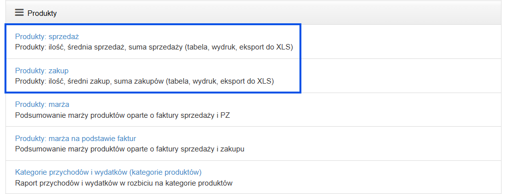 Lista raportów w systemie Fakturownia dostępne w ramach raportów produktowych.