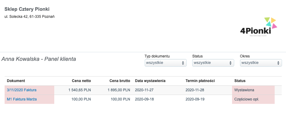 Panel klienta w systemie Fakturownia dla Anny Kowalskiej, pokazujący dwie faktury: jedną wystawioną i drugą częściowo opłaconą.