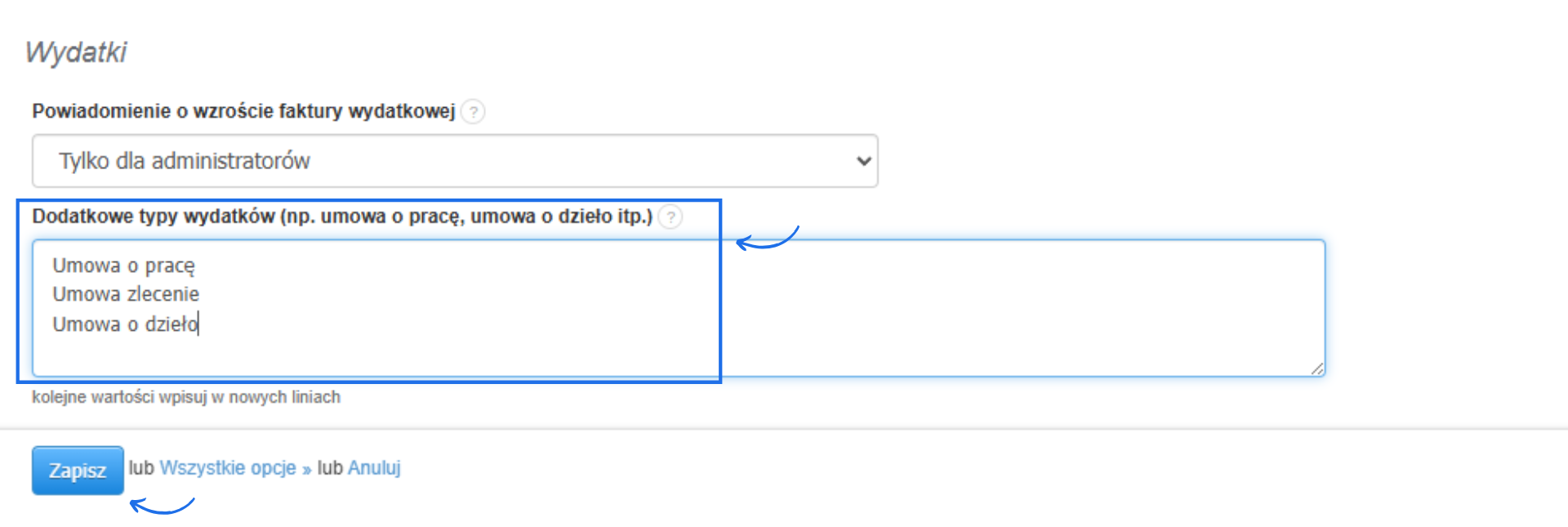 Konfiguracja ustawień konta dotycząca wydatków w systemie Fakturownia, w tym możliwości tworzenia własnych typów wydatków.
