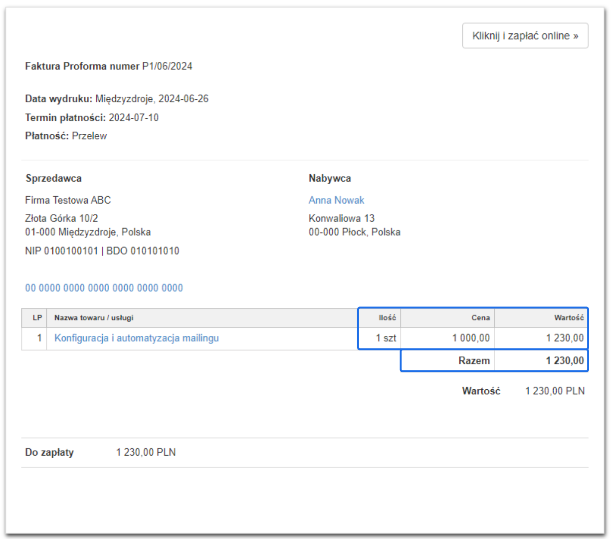 Faktura proforma z wypełnionymi danymi nabywcy i sprzedawcy, szczegółami zamówienia oraz całkowitą kwotą do zapłaty bez podsumowania podatku VAT.