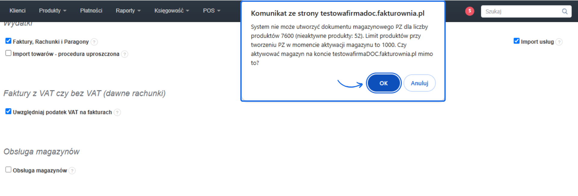 Komunikat w Fakturowni o przekroczeniu limitu produktów przy aktywacji magazynu. Podświetlony przycisk ‘OK’ do potwierdzenia aktywacji.