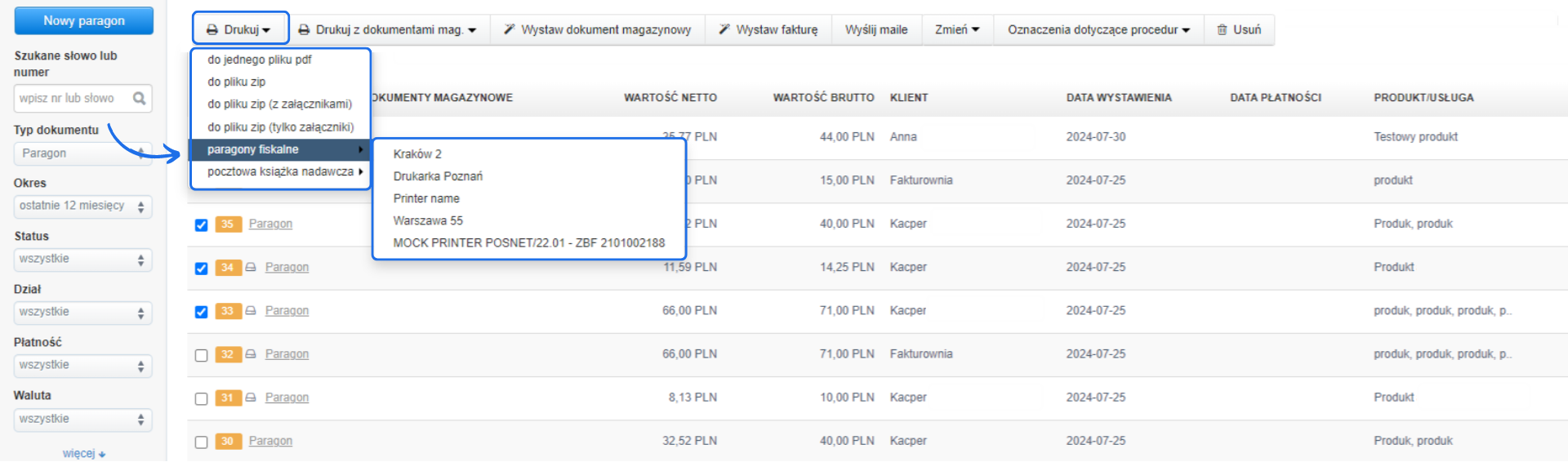 Lista paragonów w systemie Fakturownia.pl z opcją wydruku fiskalnego, umożliwiająca wybór drukarki, m.in. Kraków 2, Drukarka Poznań, Printer name, Warszawa 55.