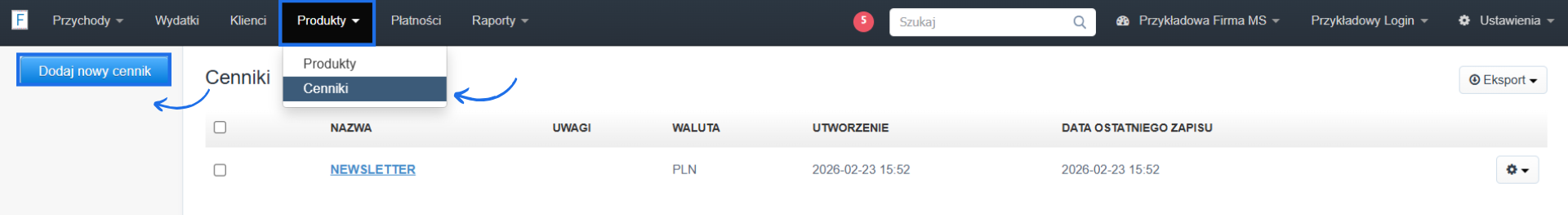 Lista cenników dostępna w zakładce Produkty > Cenniki z opcja tworzenia nowego cennika.