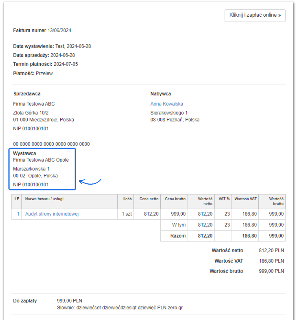 Przykład faktury, gdzie pod danymi Sprzedawcy wyświetlone są dane Wystawcy dodane na formularzu tworzenia faktury.