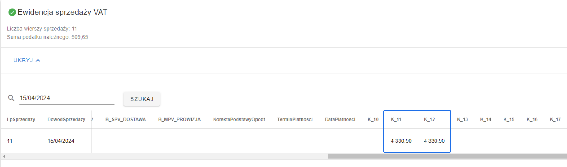 Ewidencja sprzedaży VAT z datą 15/04/2024, liczba wierszy sprzedaży 11, suma podatku należnego 509,65 zł, kolumny K_11 i K_12 z wartością 4330,90 zł.