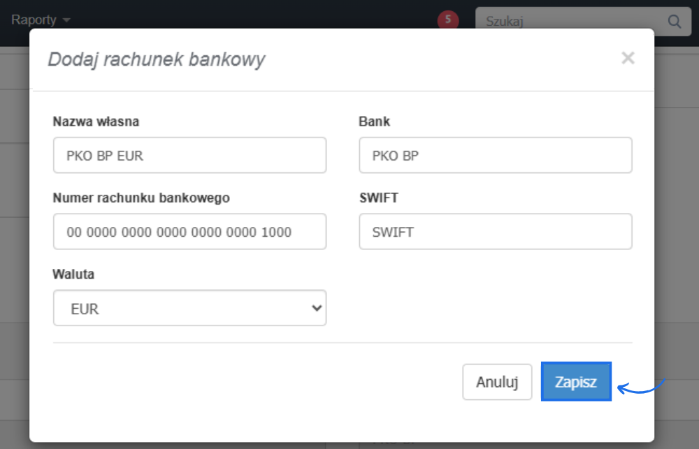 Formularz tworzenia nowego rachunku bankowego bezpośrednio z poziomu działu firmy poprzez opcję 'Stwórz nowe konto'.
