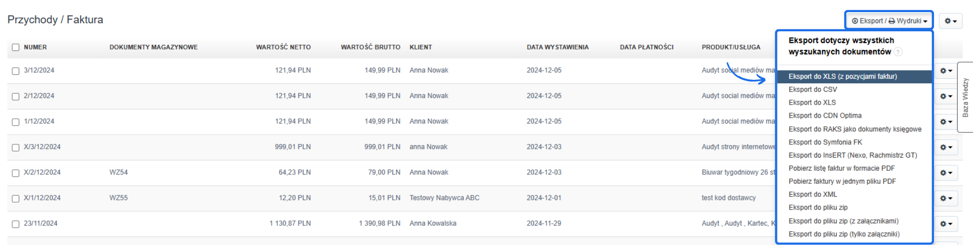 Lista faktur z opcjami eksportu dokumentów, w tym eksport do XLS, CSV, PDF i integracje z systemami księgowymi, z widocznymi szczegółami faktur.