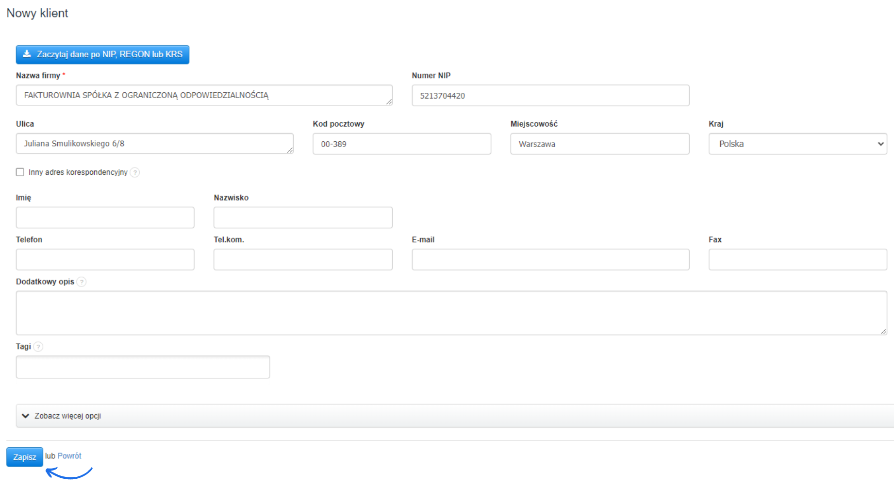 Formularz dodawania nowego klienta w Fakturowni z uzupełnionymi danymi firmy i zaznaczonym przyciskiem 'Zapisz'.
