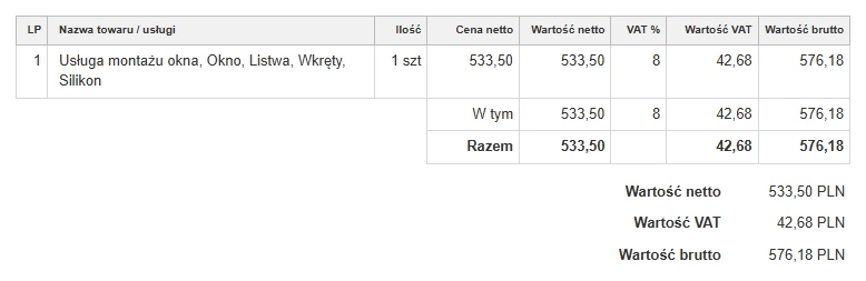 Podsumowanie faktury za usługę montażu okna z produktami: okno, listwa, wkręty, silikon; cena netto 533,50 PLN, VAT 8%, brutto 576,18 PLN.