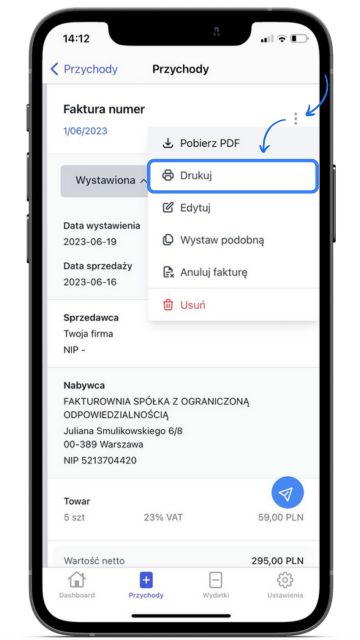 Widok faktury w aplikacji mobilnej Fakturownia na iPhone. Menu opcji z zaznaczoną funkcją 'Drukuj' do wydruku dokumentu.