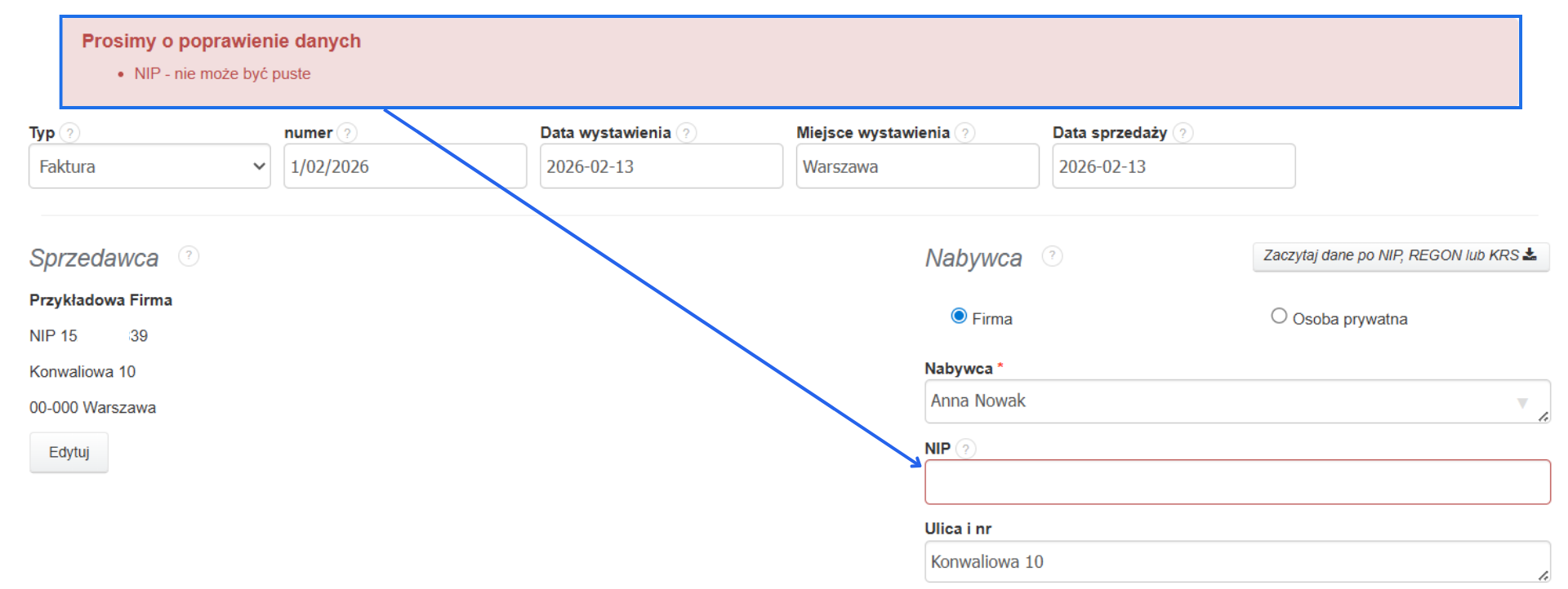 Formularz tworzenia faktury z komunikatem błędu oraz przykładowymi danymi Nabywcy.