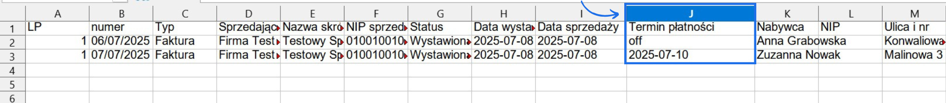Plik XLS z danymi dotyczącymi faktur, na podstawie którego utworzą się w systemie do fakturowania gotowe dokumenty sprzedaży.