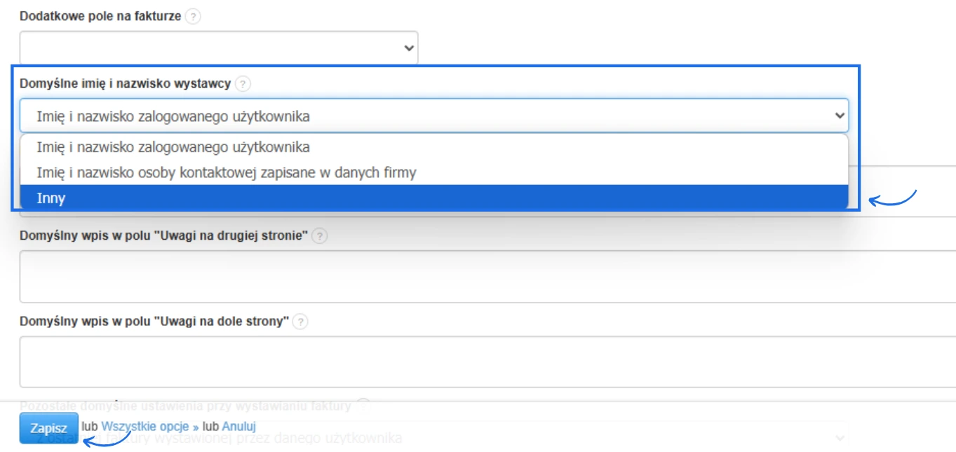 Ustawienie własnego podpisu wystawcy faktury w Fakturowni – menu z zaznaczoną opcją „Inny” w polu domyślnego imienia i nazwiska.