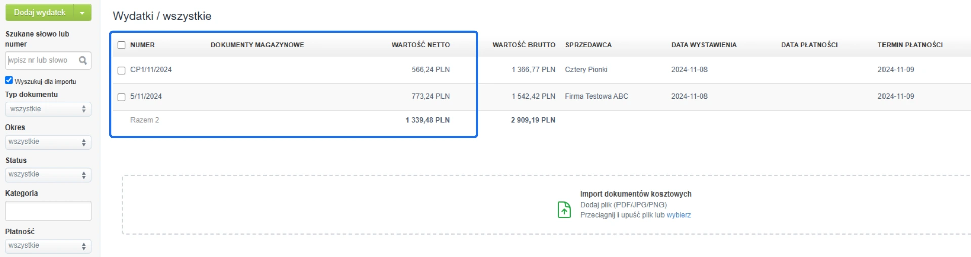 Lista wydatków z numerem dokumentu, wartością netto i brutto, sprzedawcą, datą wystawienia, datą i terminem płatności utworzone z poziomu importu wydtaków.