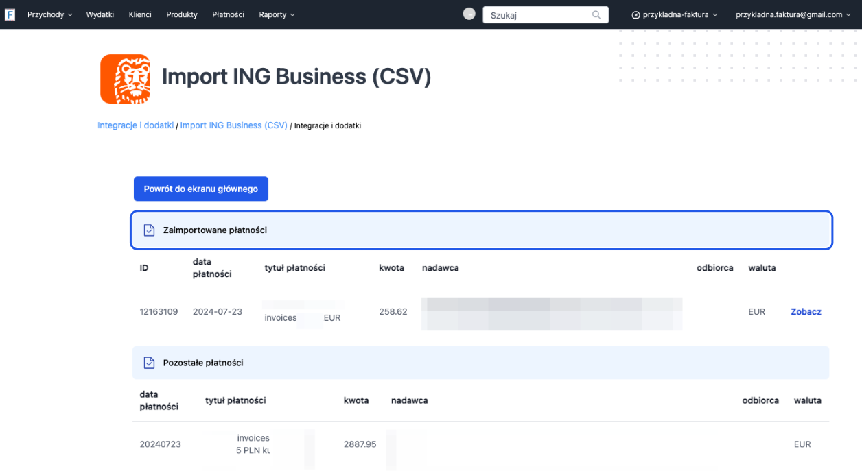 Import płatności ING Business CSV w Fakturowni, lista zaimportowanych oraz pozostałych płatności z datami, kwotami i walutami
