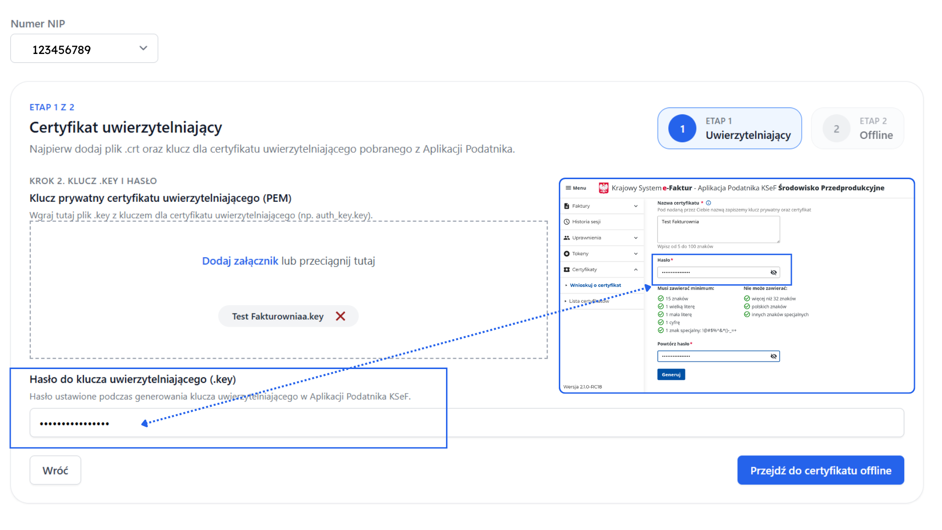 Dodawanie klucza .key i hasła certyfikatu uwierzytelniającego w KSeF – krok 2 autoryzacji konta przez Aplikację Podatnika.