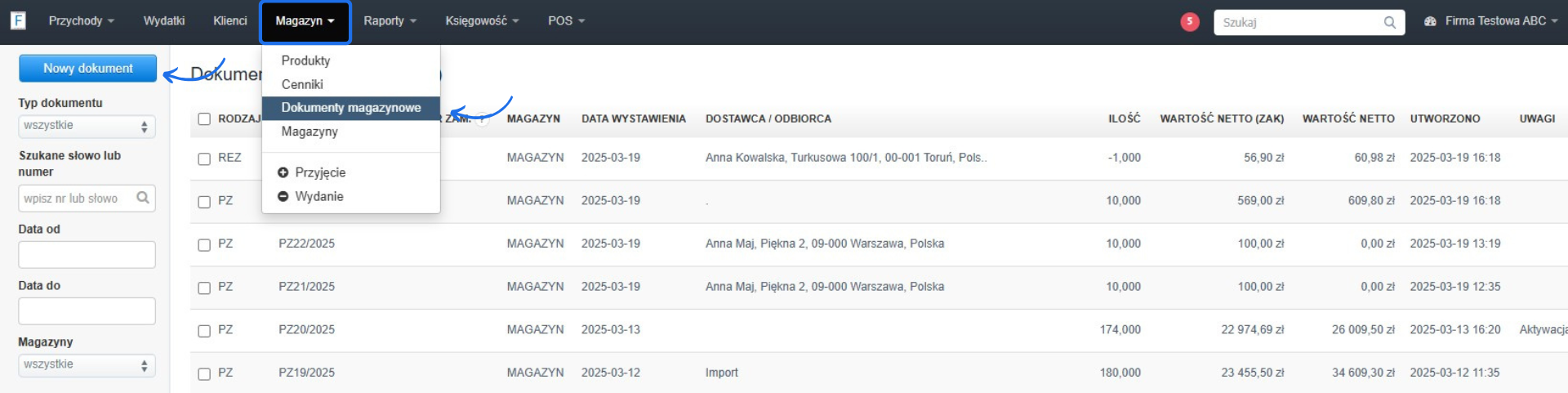 Lista dokumentów magazynowych w systemie fakturowym z rozwiniętym menu 'Magazyn' i podświetloną opcją 'Dokumenty magazynowe' oraz przyciskiem 'Nowy dokument'.