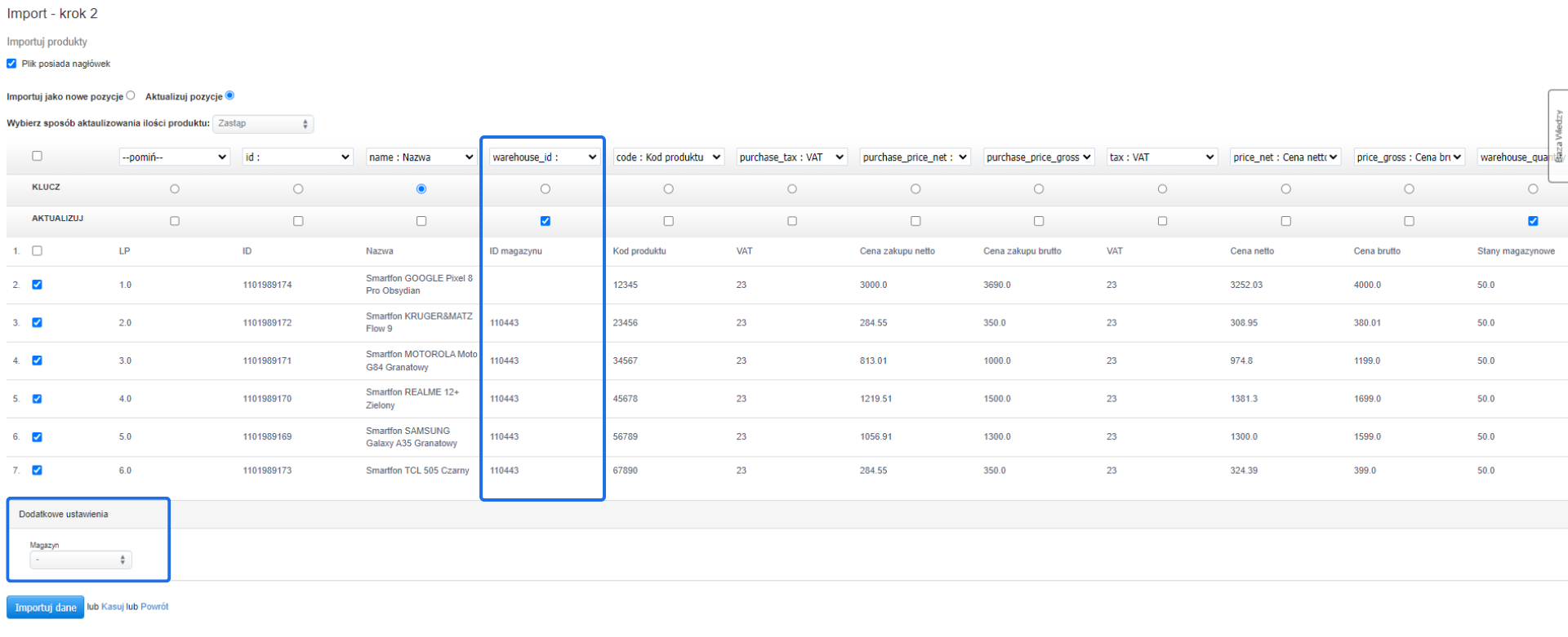 Ekran importu produktów, krok 2, z zaznaczonymi opcjami aktualizacji pozycji, wyboru ID magazynu i dodatkowym ustawieniem magazynu, z przyciskiem 'Importuj dane'.