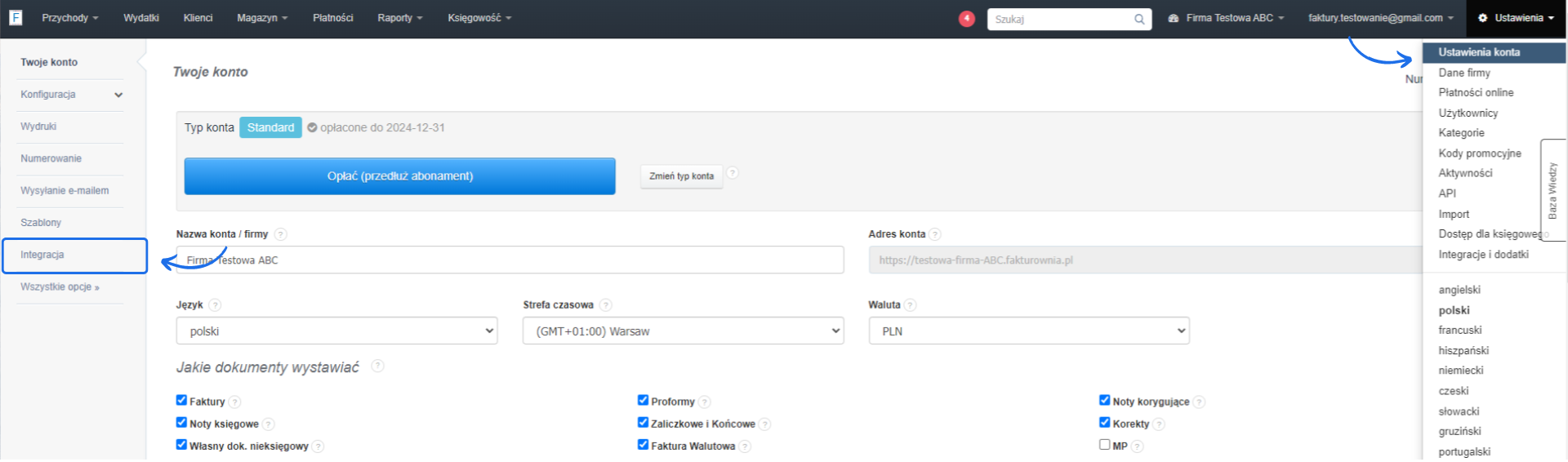 Ustawienia konta w aplikacji Fakturownia z zaznaczoną opcją 'Integracja' oraz nazwą konta w systemie.