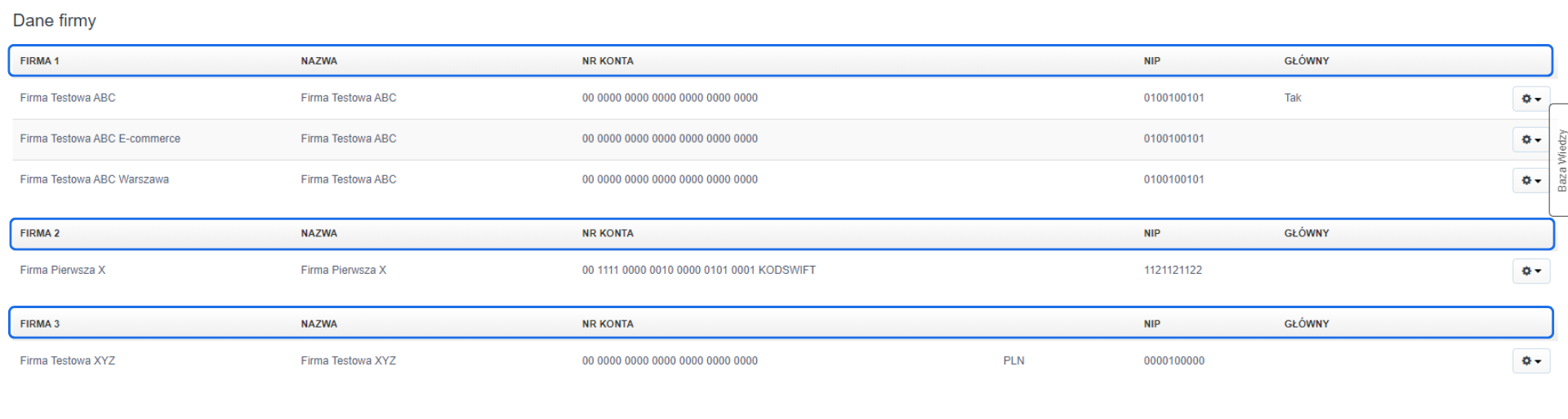 Lista firm w systemie Fakturownia.pl z widocznymi nazwami, numerami kont i NIP. Firma Testowa ABC z trzema działami.