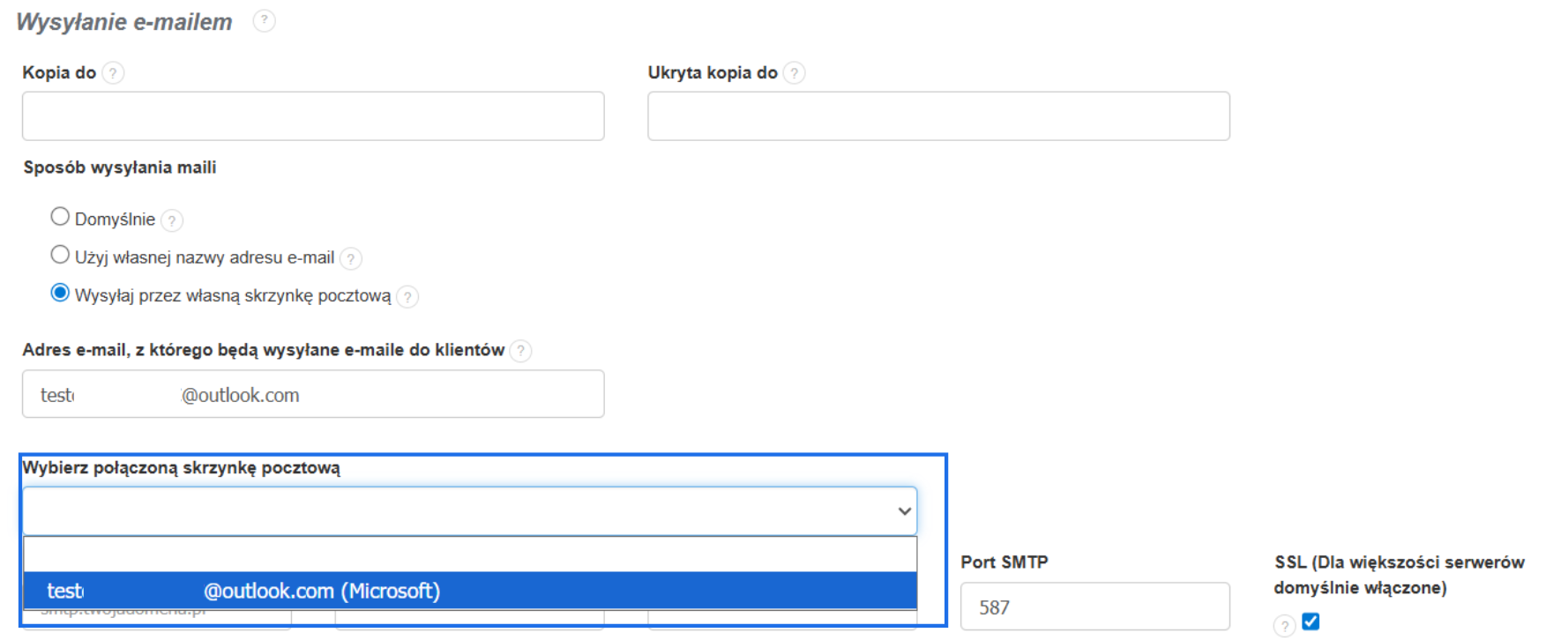 Wybór powiązanej skrzynki pocztowej w systemie Microsoft dla wysyłki przez własny serwer pocztowy w systemie Fakturownia.
