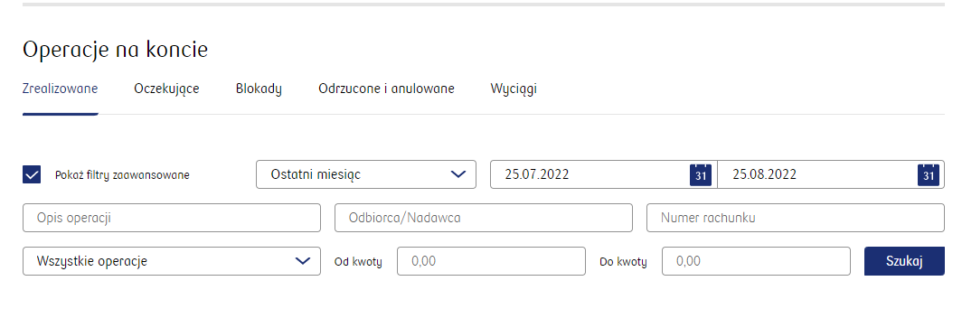 Ekran przeglądania zrealizowanych operacji na koncie z zaawansowanymi filtrami wyszukiwania według daty, kwoty i opisu.