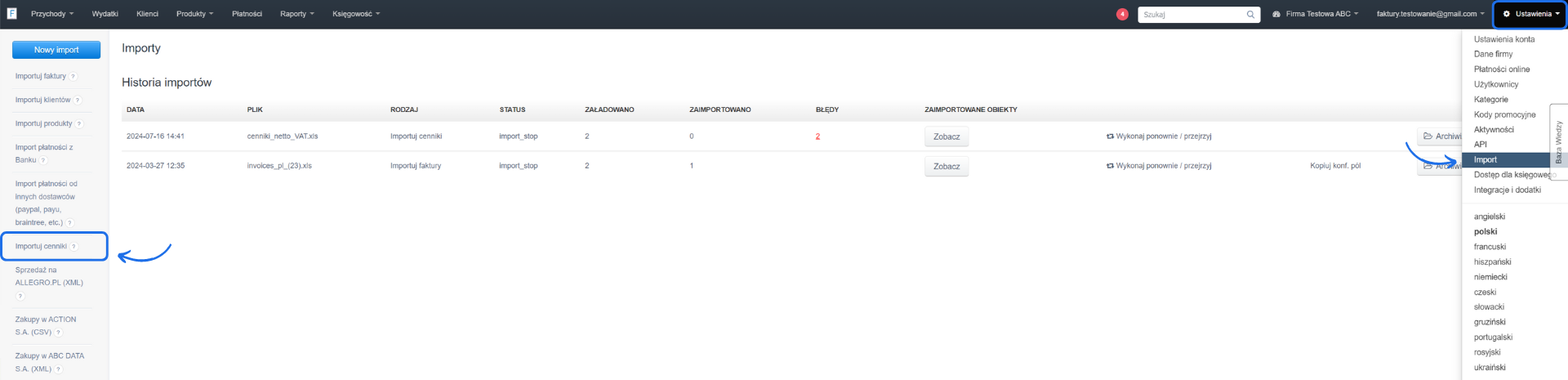 Ekran importu cenników w systemie fakturowania, pokazujący historię importów z błędami i opcję ponownego przeglądu.