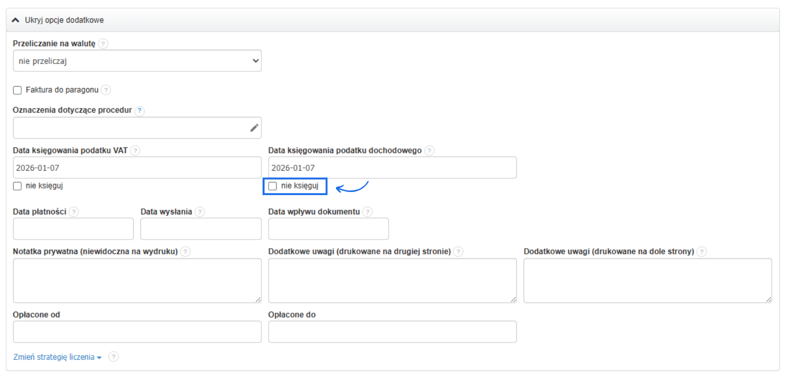 Formularz tworzenia/edycji faktury w systemie do fakturowania online z datą księgowania podatku dochodowego i opcją 'nie księguj'.