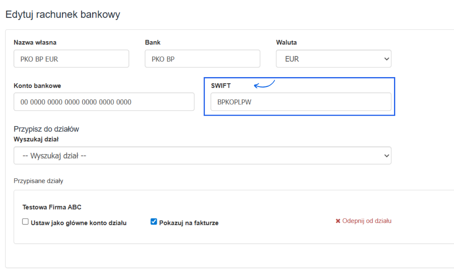 Formularz edycji rachunku bankowe z przykładowym SWIFT banku.