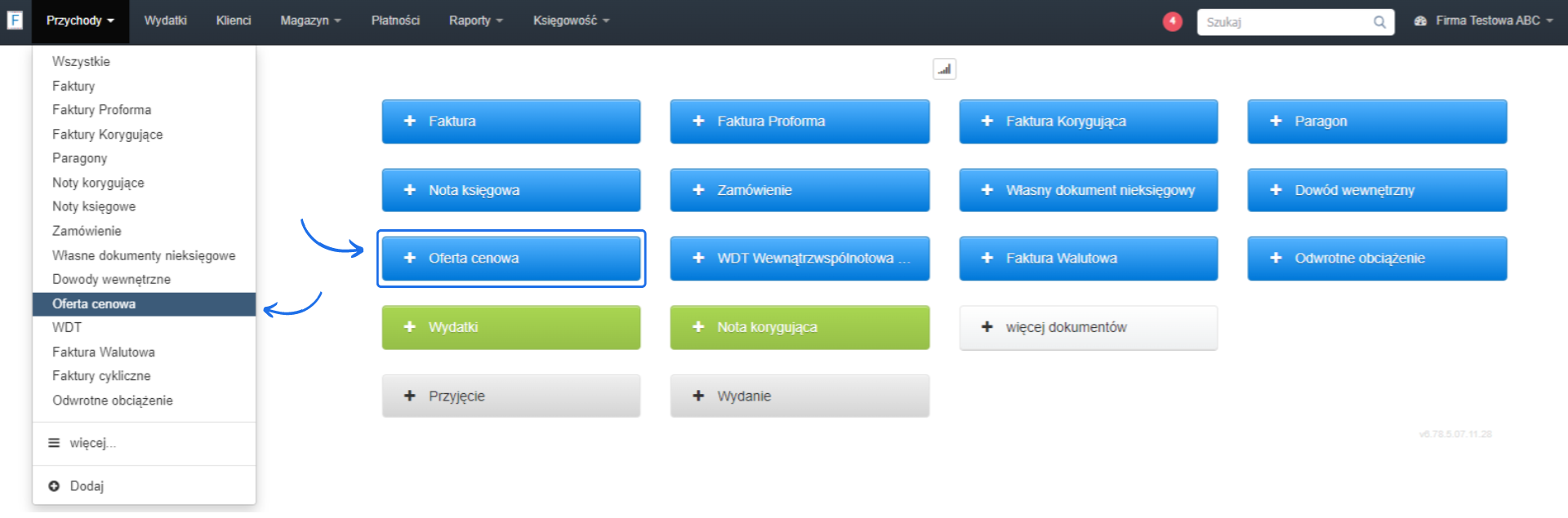 Interfejs użytkownika oprogramowania do fakturowania wyświetlający różne typy dokumentów, takie jak faktury, notatki i zamówienia.