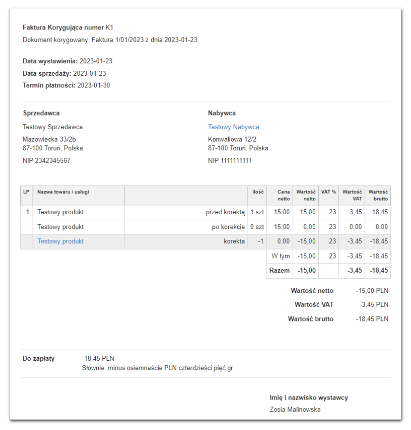 Przykład faktury korygującej z systemu Fakturownia.pl, z wyszczególnionymi korektami pozycji 'Testowy produkt', wartościami netto, VAT i brutto.