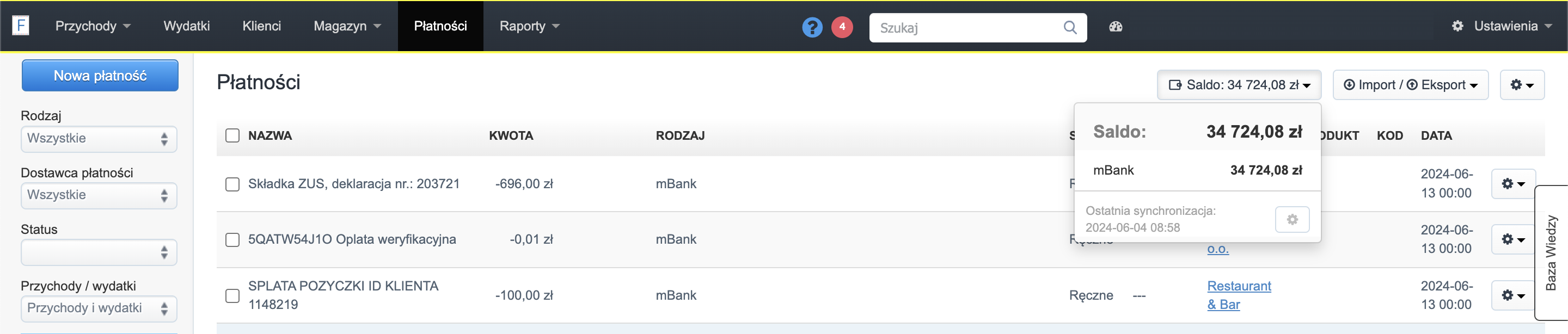 Panel płatności w systemie Fakturoznia, pokazujący listę płatności z opcjami filtrowania, przyciskiem 'Nowa płatność', oraz aktualnym saldem 2,49 PLN.