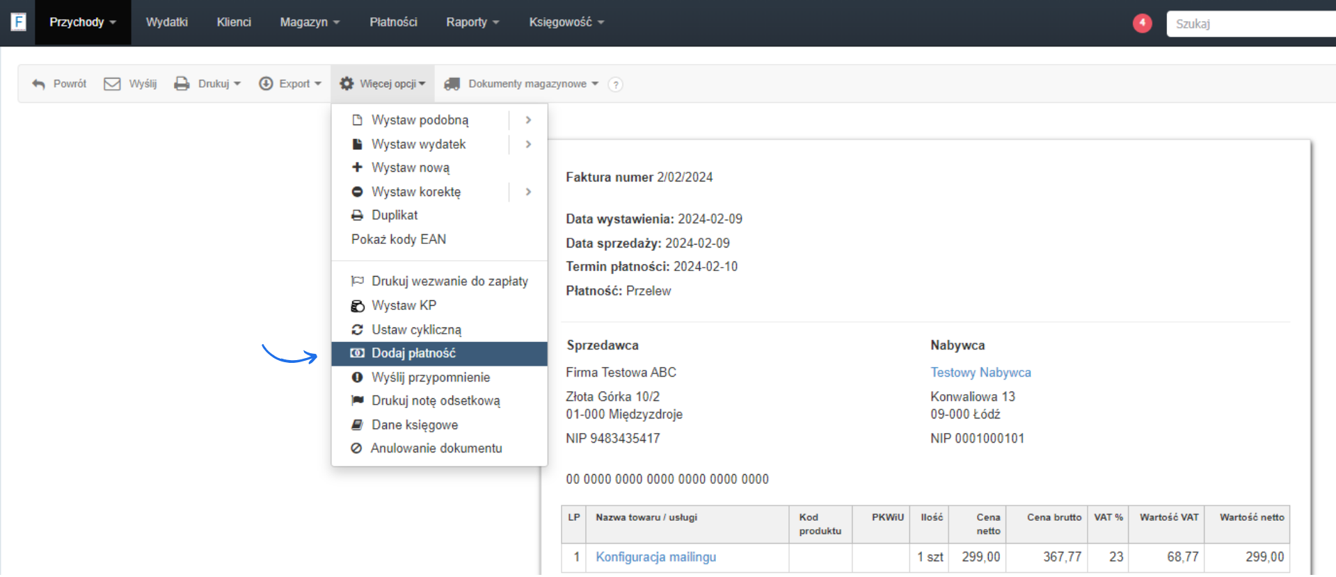 Widok faktury w systemie księgowym z rozwiniętym menu 'Więcej opcji' i podświetloną opcją 'Dodaj płatność' dla faktury 2/02/2024.