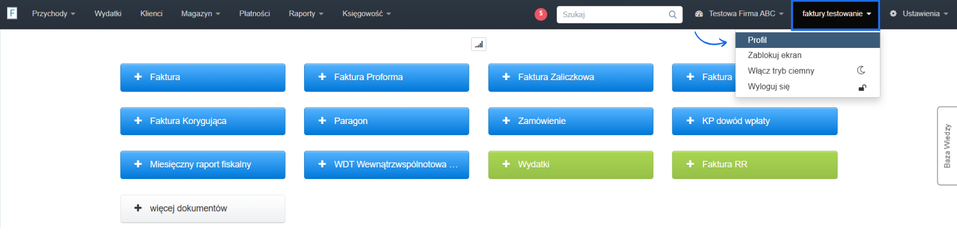 Strona główna systemu Fakturownia z aktywną opcją przejścia do profilu użytkownika i przyciskami do wystawienia faktur.