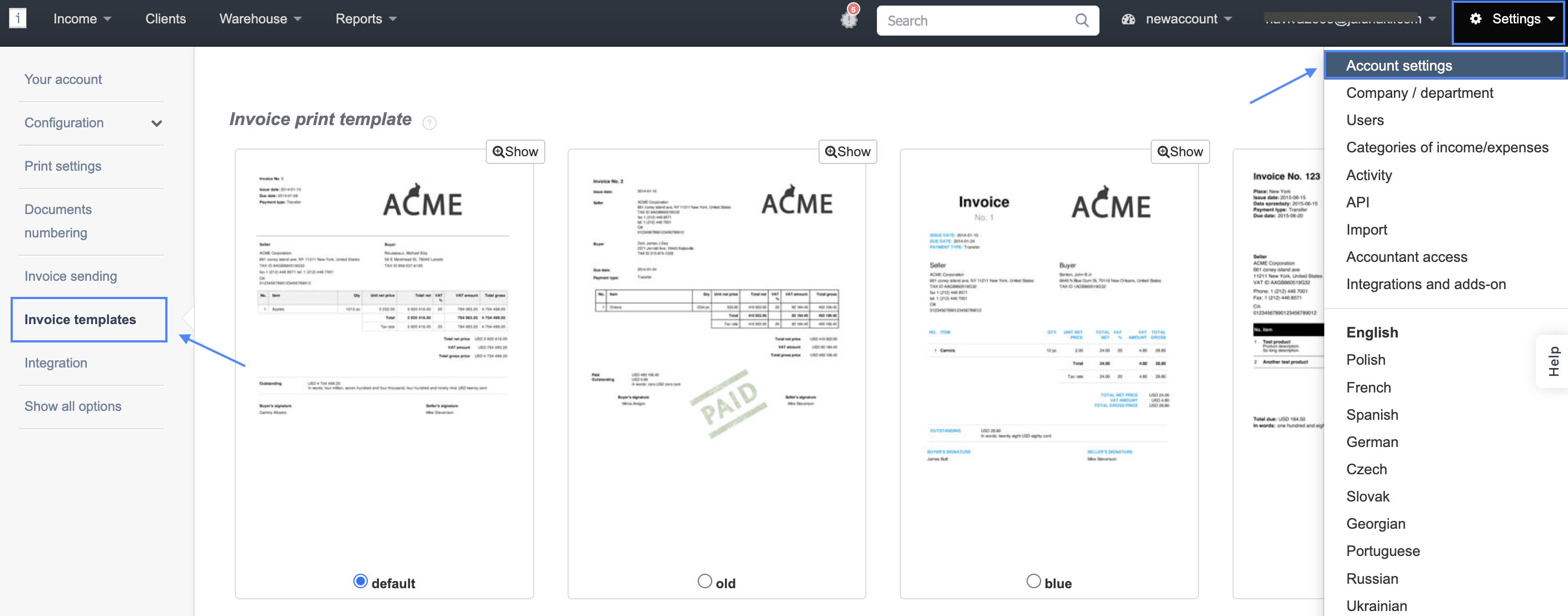 Account settings menu with the Invoice templates option