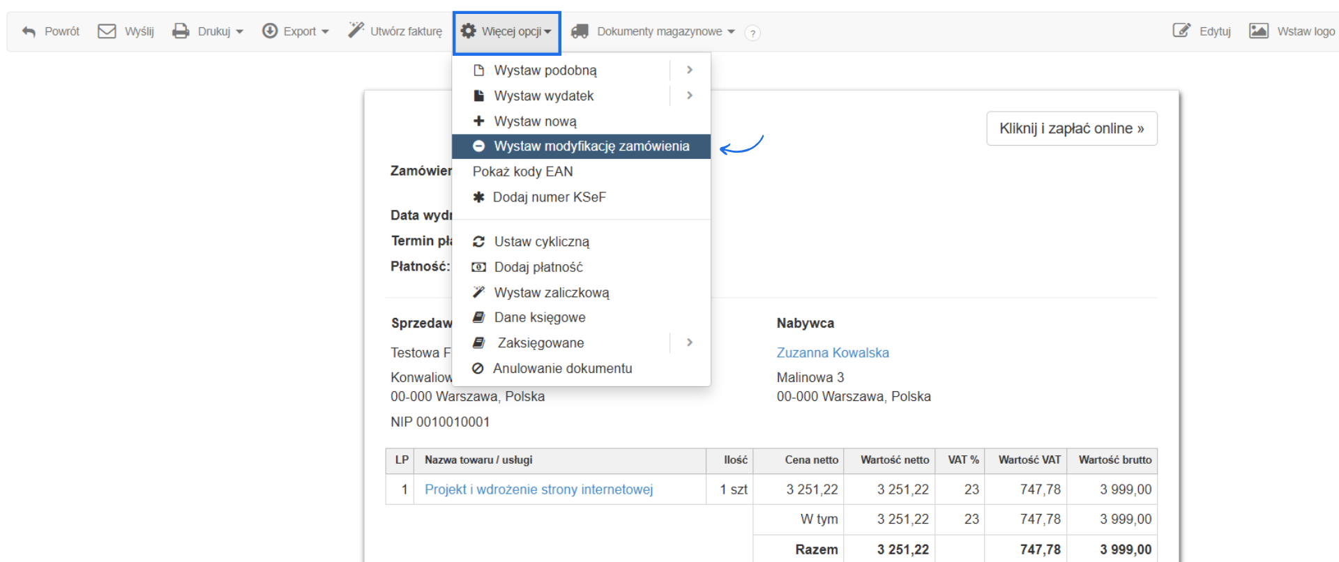 Podgląd dokumentu zamówienie w systemie do fakturowania online z dodatkowymi opcjami w tym możliwością wystawienia dokumentu modyfikacja zamówienia.