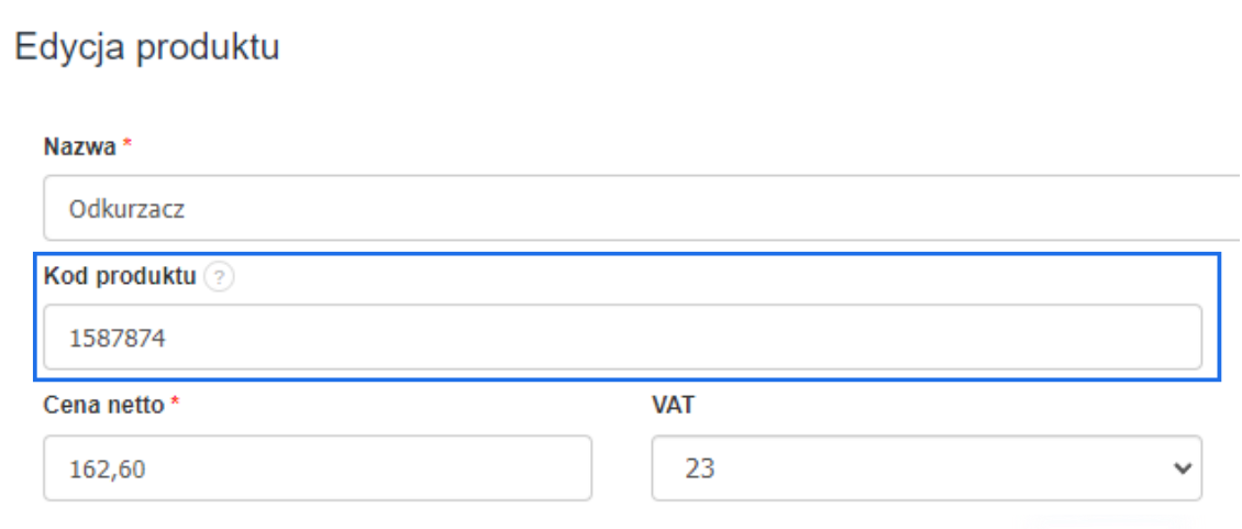 Formularz edycji produktu z nazwą „Odkurzacz”, kodem produktu 1587874, ceną netto 162,60 zł i stawką VAT 23%.
