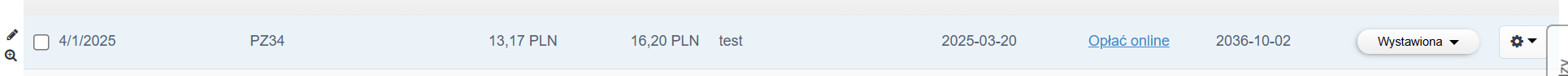 Widok listy faktur z pozycją o numerze 4/1/2025, kwotą brutto 16,20 PLN, datą wystawienia 20.03.2025 i terminem płatności 02.10.2036 oraz linkiem „Opłać online”.