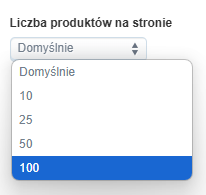 Lista rozwijana ustawień z opcją wyboru liczby produktów na stronie: Domyślnie, 10, 25, 50, 100 – zaznaczona wartość to 100.
