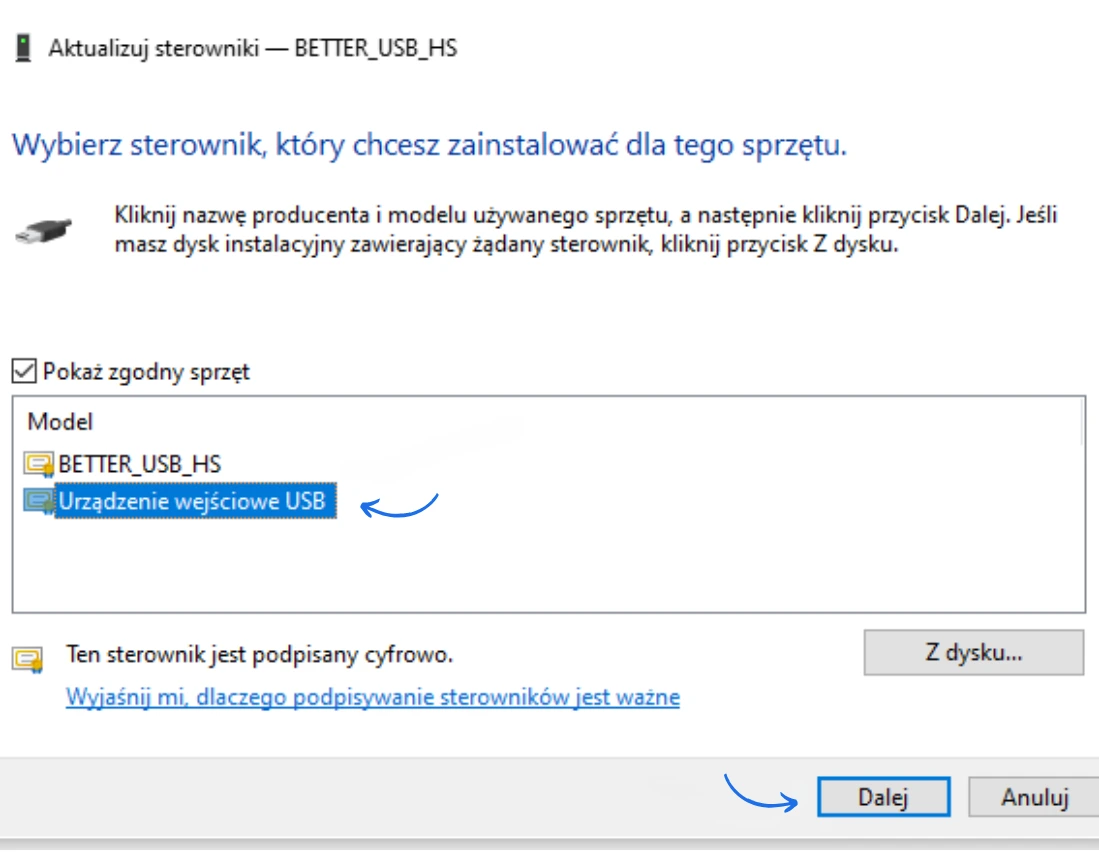Wybór sterownika „Urządzenie wejściowe USB” dla urządzenia BETTER_USB_HS w Menedżerze urządzeń Windows.