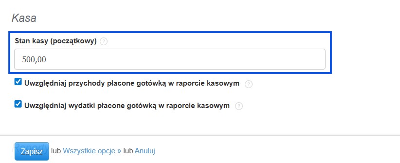 Konfiguracja stanu kasy (początkowego) w ustawieniach ogólnych konta Faktuowni.