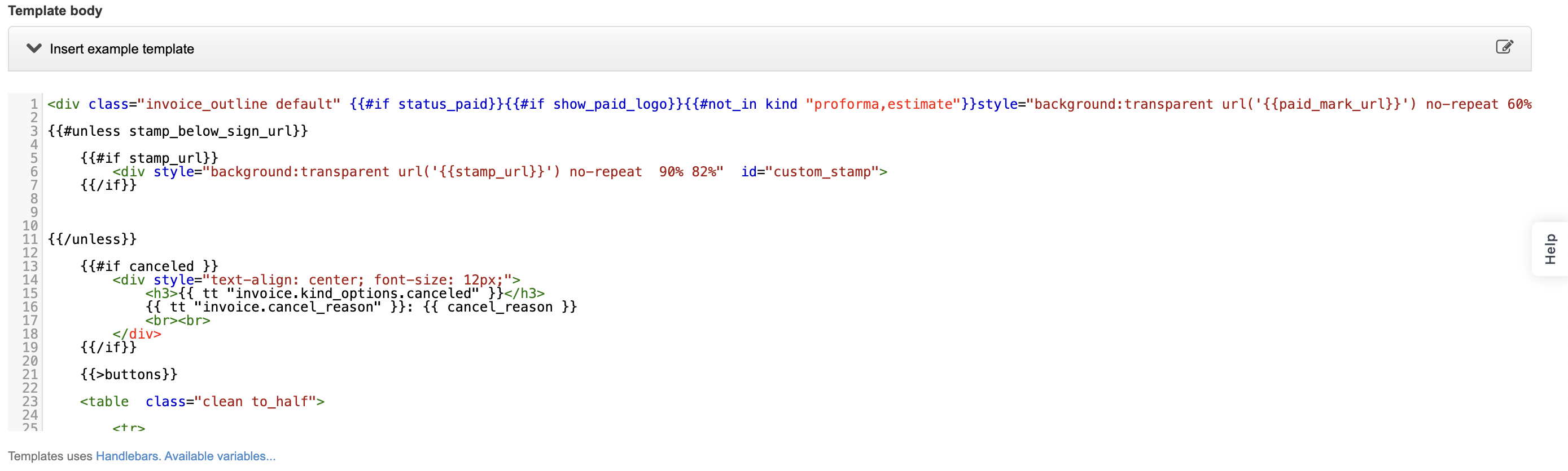 HTML field in the invoice template editor with the template code pasted