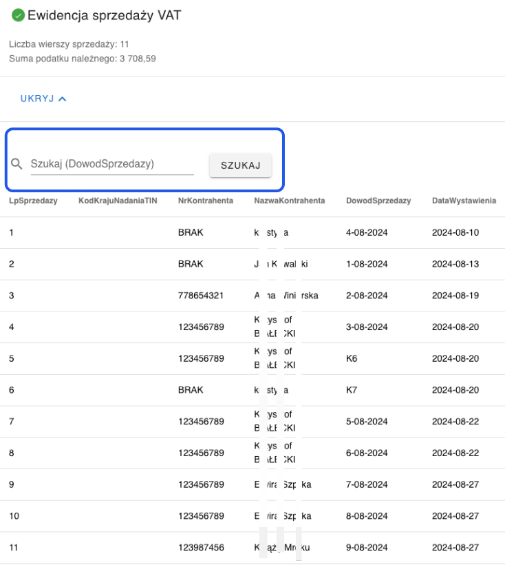 Ewidencja sprzedaży VAT z listą transakcji, wyszukiwarką dokumentów i sumą podatku należnego