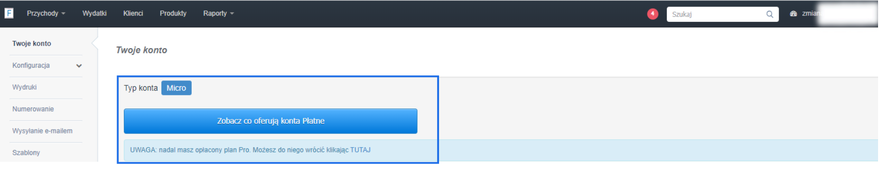 Ustawienia konta w systemie do fakturowania online z aktywnym planem Micro i możliwością opłacenia planu płatnego. 