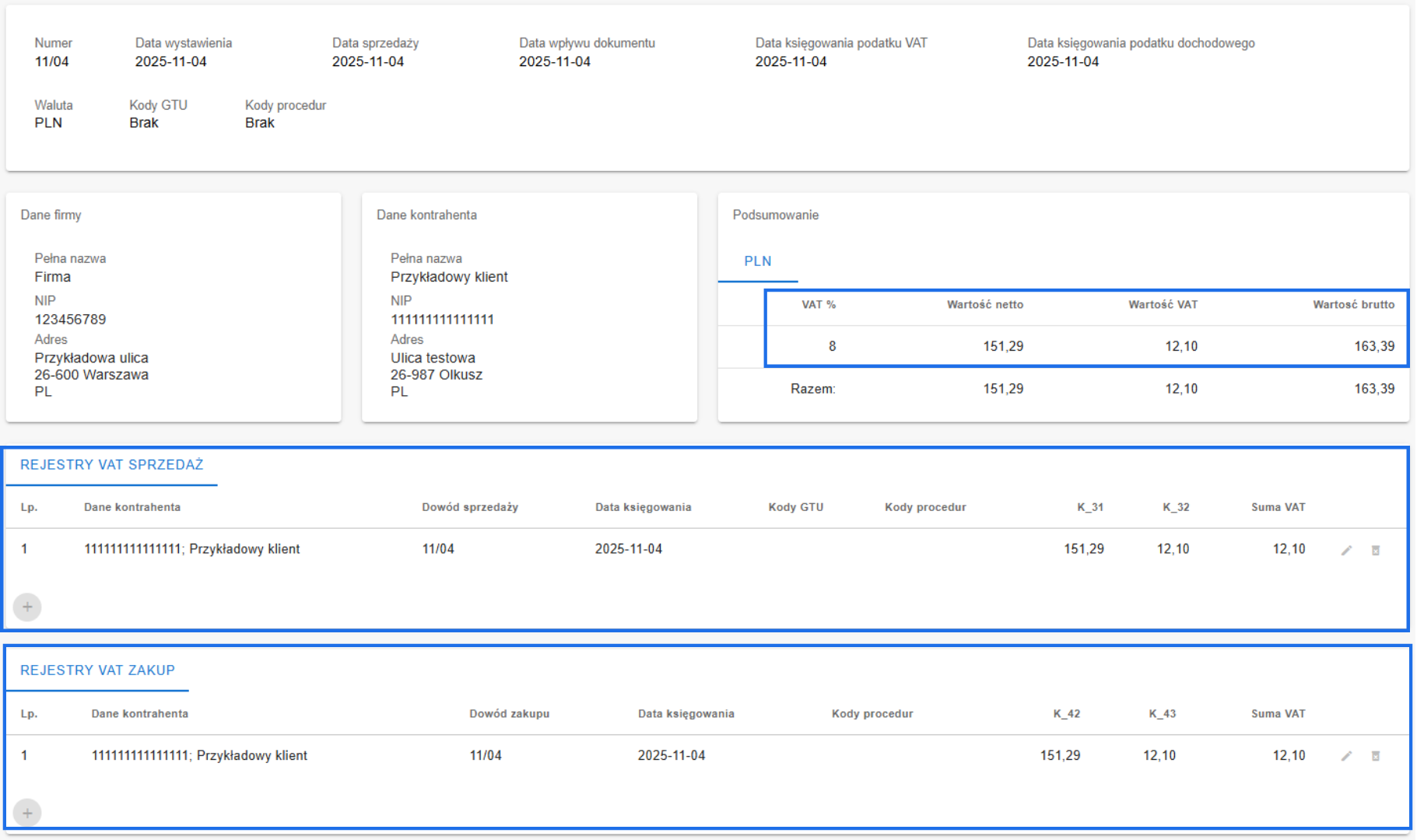 Rejestr VAT z fakturą sprzedaży i zakupu, stawką VAT 8%, wartością netto 151,29 i VAT 12,10