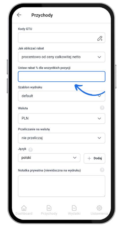 Ekran konfiguracji rabatu w aplikacji Fakturownia – pole do ustawienia rabatu procentowego dla wszystkich pozycji na fakturze.