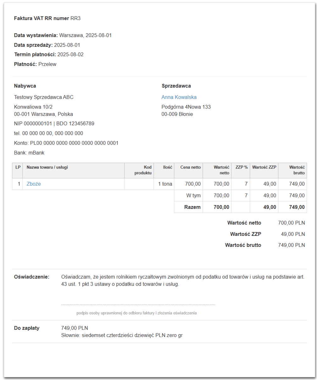 Przykład faktury VAT RR bez opłaty na fundusz promocji produktów rolno-spożywczych. 