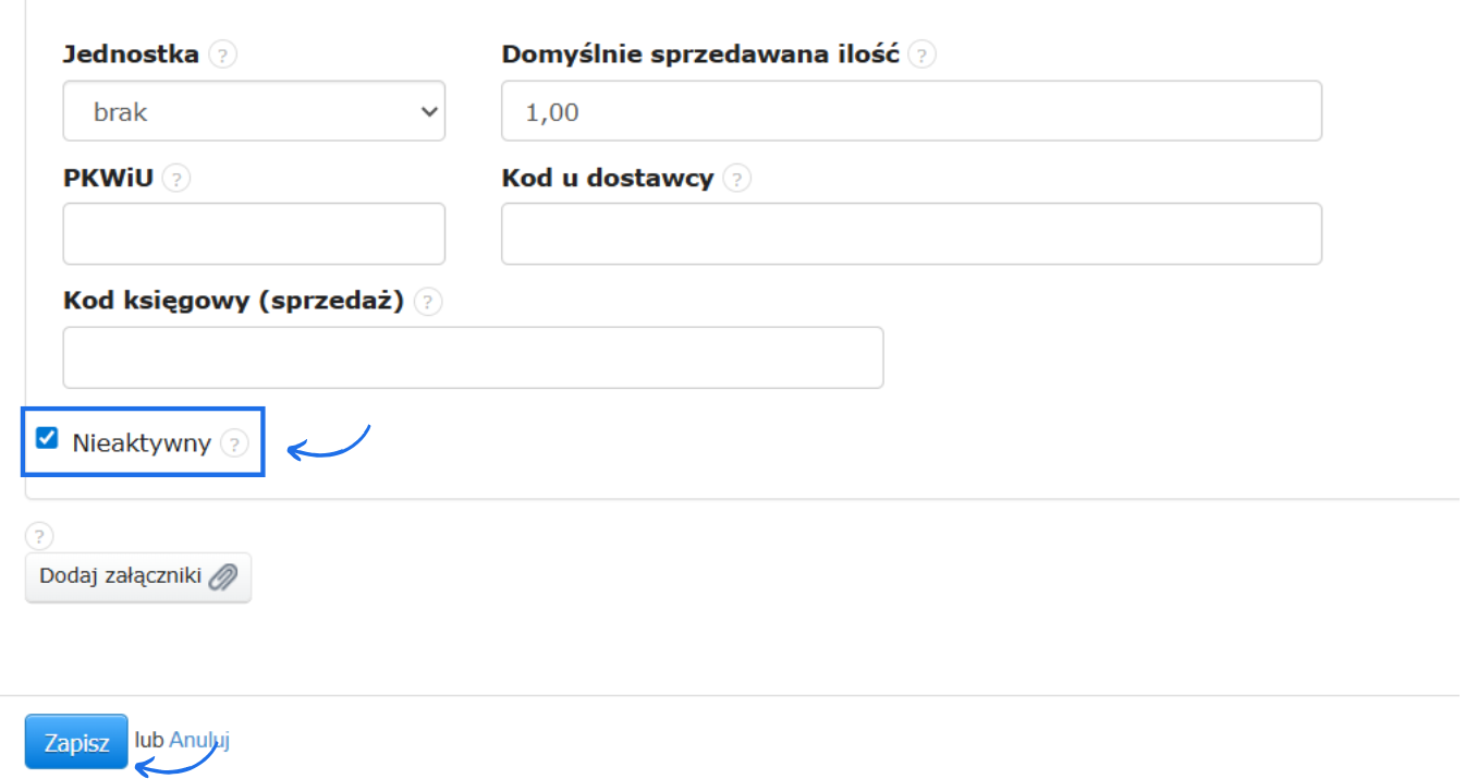 Formularz edycji produktu oznaczonego jako nieaktywny z możliwością wyłączenia tego oznaczenia i aktywowania produktu.