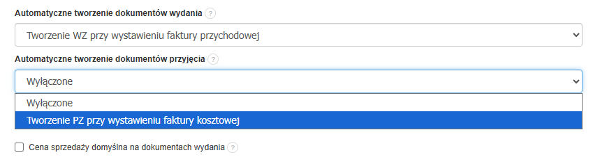 Wybór ustawienia automatycznego tworzenia dokumentów PZ: wyłączone lub przy wystawieniu faktury kosztowej.