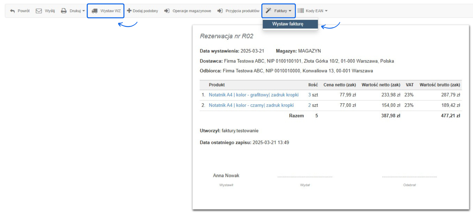 Dokument rezerwacji magazynowej nr R02 z menu podręcznym, umożliwiającym wystawienie faktury lub dokumentu WZ.